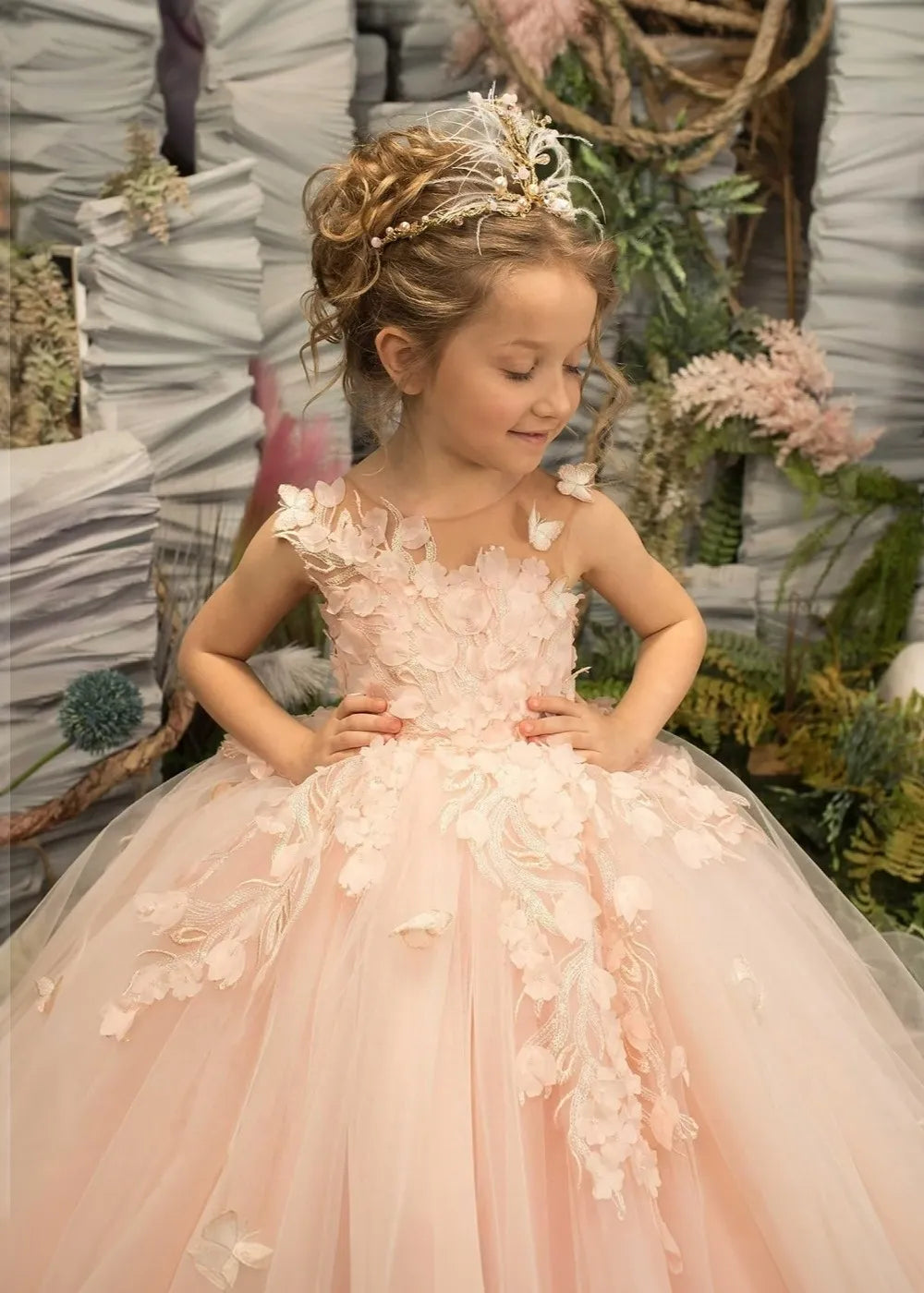 3D Butterfly & Flower Girl Dress-Pink