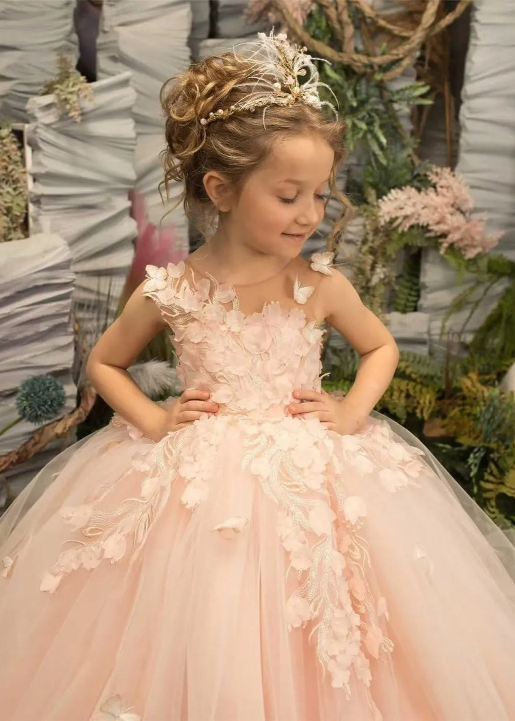 3D Butterfly & Flower Girl Dress-Pink