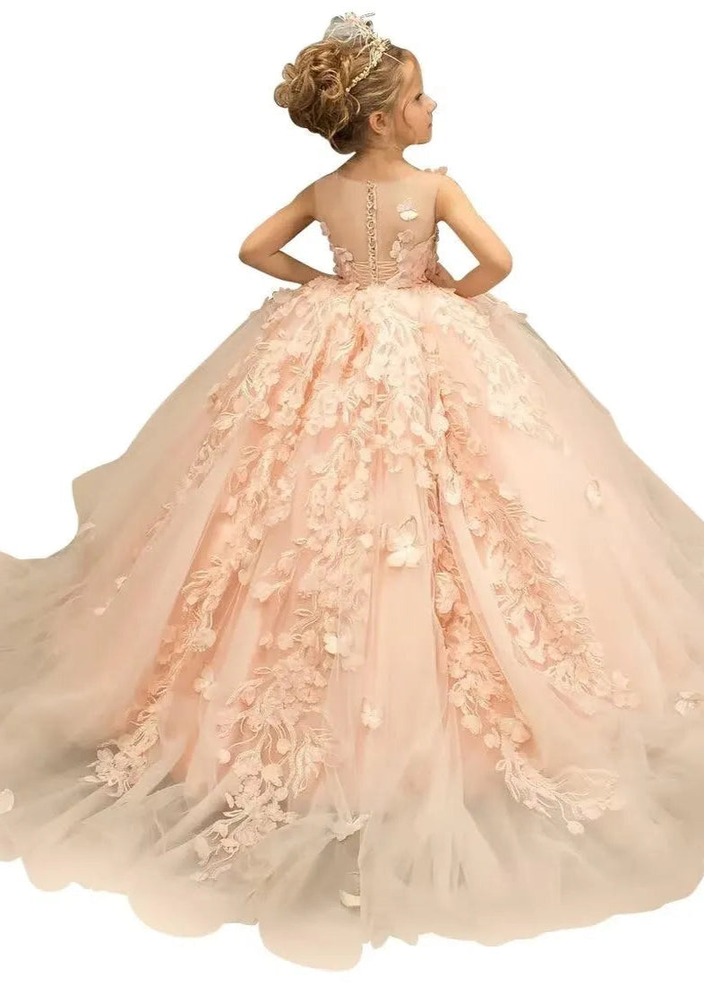 3D Butterfly & Flower Girl Dress-Pink