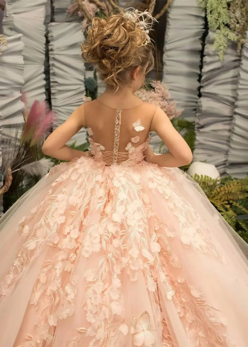 3D Butterfly & Flower Girl Dress-Pink