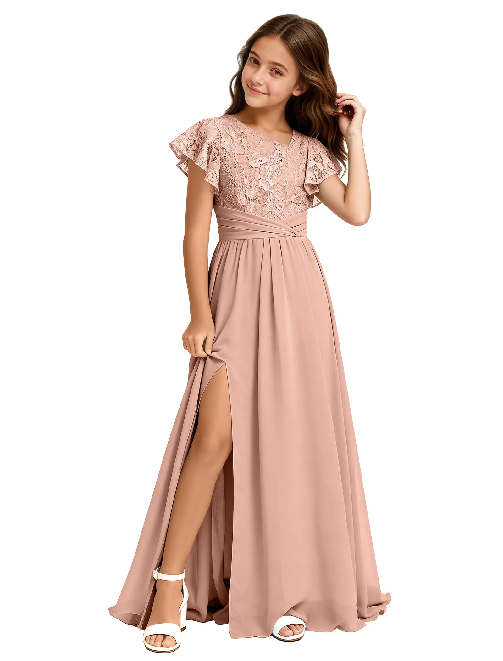 Lace Flutter Sleeve Junior Bridesmaid Dress