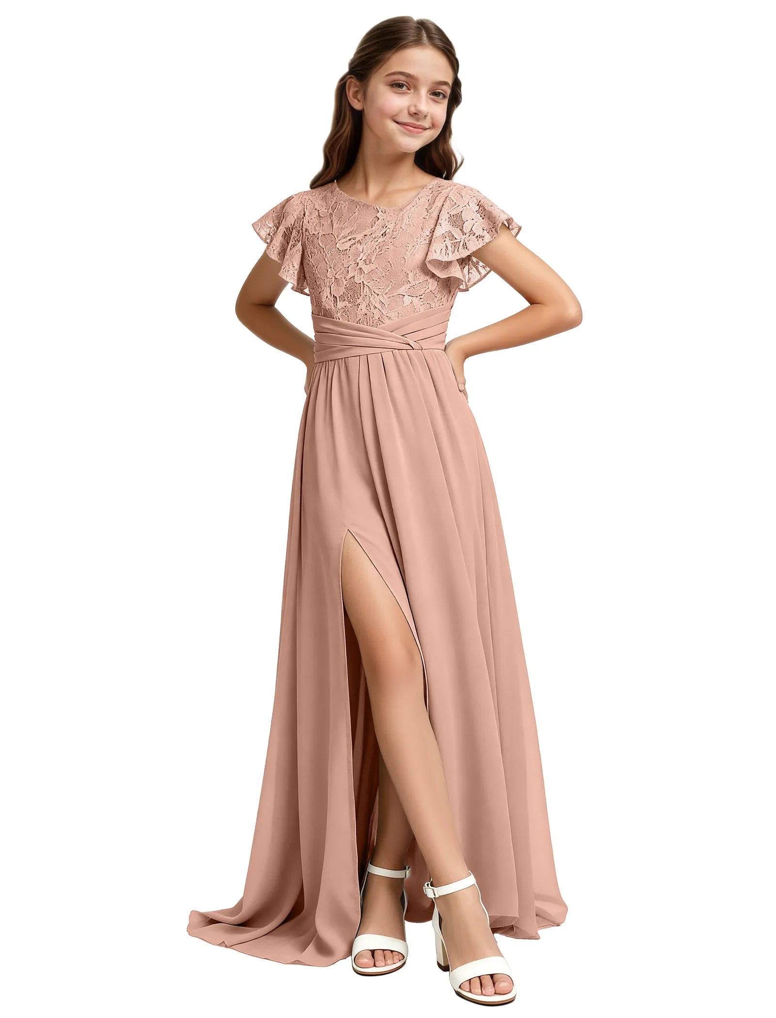 Lace Flutter Sleeve Junior Bridesmaid Dress