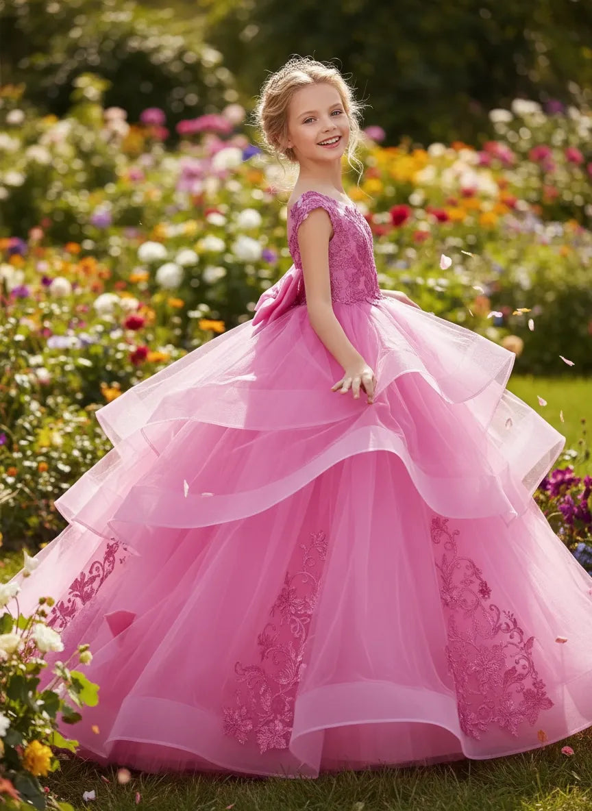 Tulle Flower Girl Dress with Lace & Bow