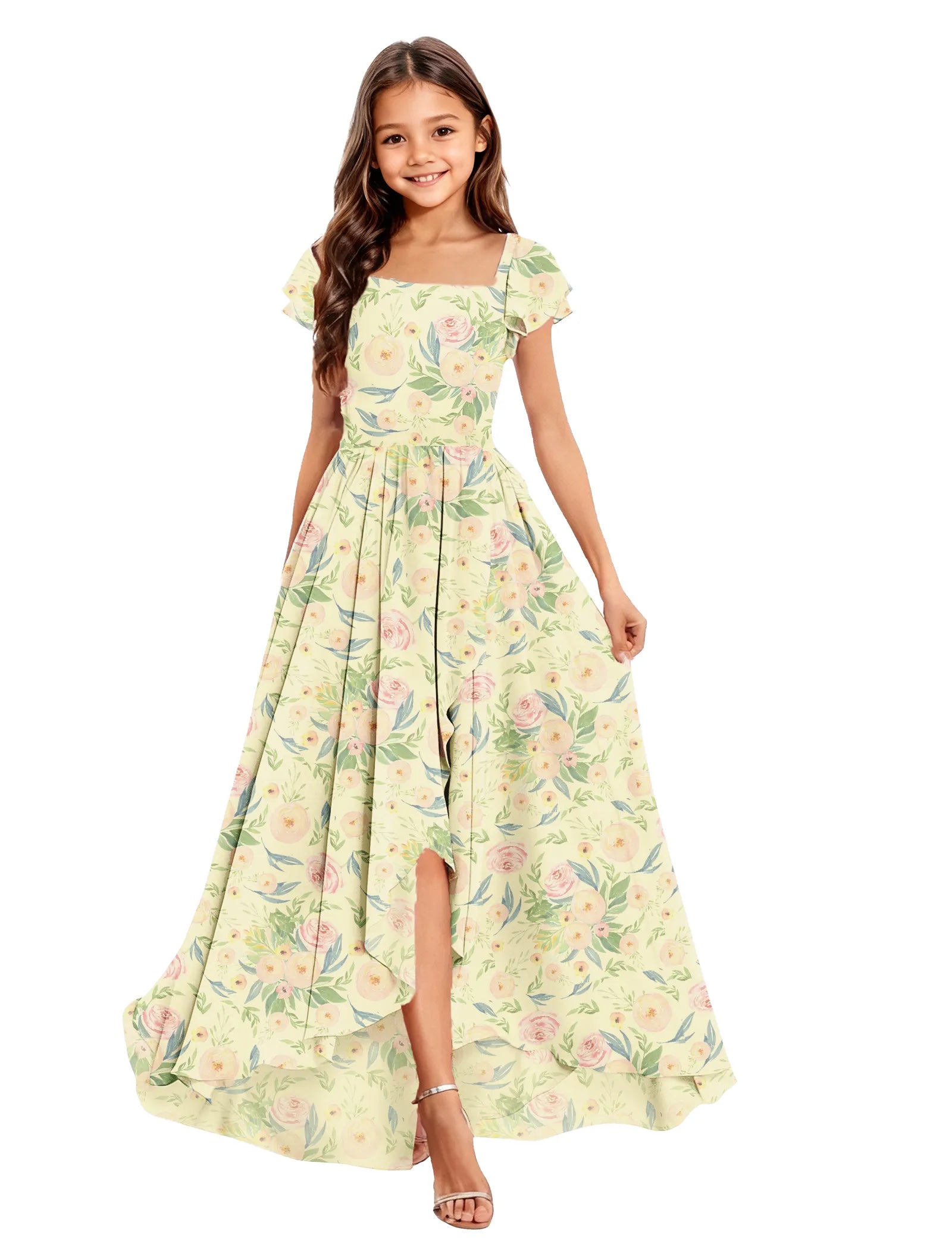 Girls Floral High-Low Maxi Dress with Cap Sleeves