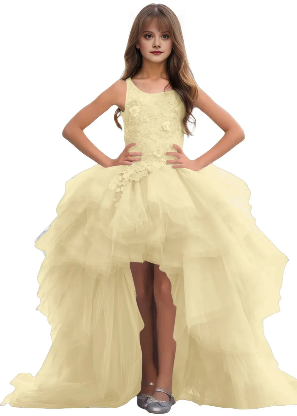 High-Low Layered Tulle Gown for Girls
