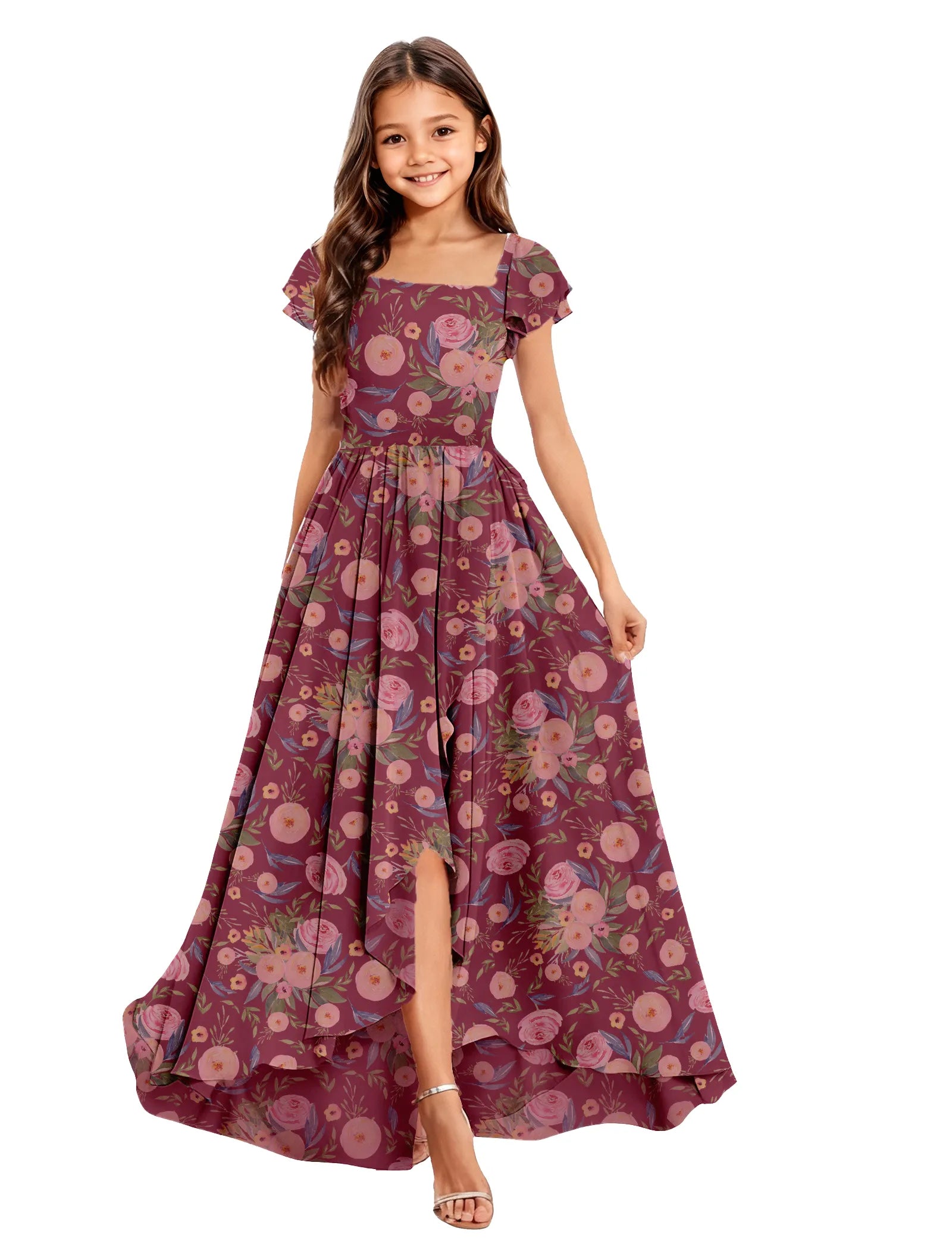 Girls Floral High-Low Maxi Dress with Cap Sleeves
