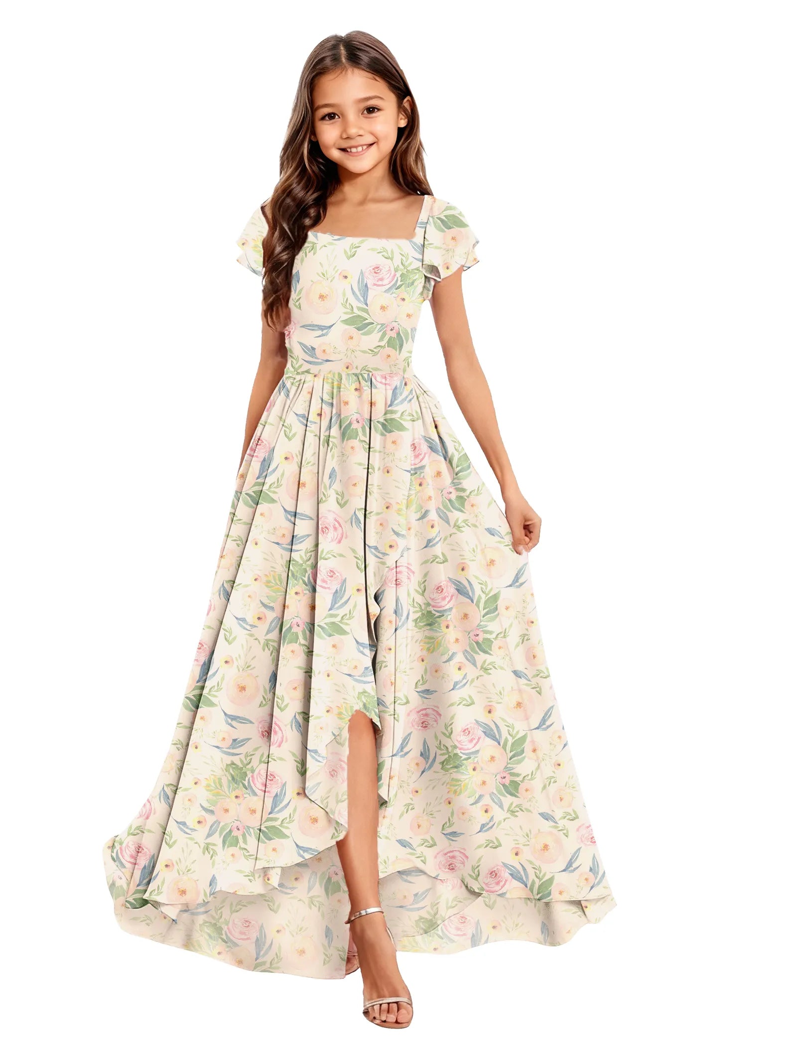 Girls Floral High-Low Maxi Dress with Cap Sleeves