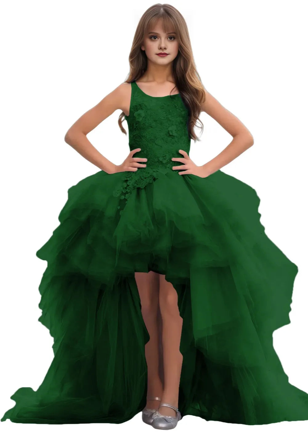 High-Low Layered Tulle Gown for Girls