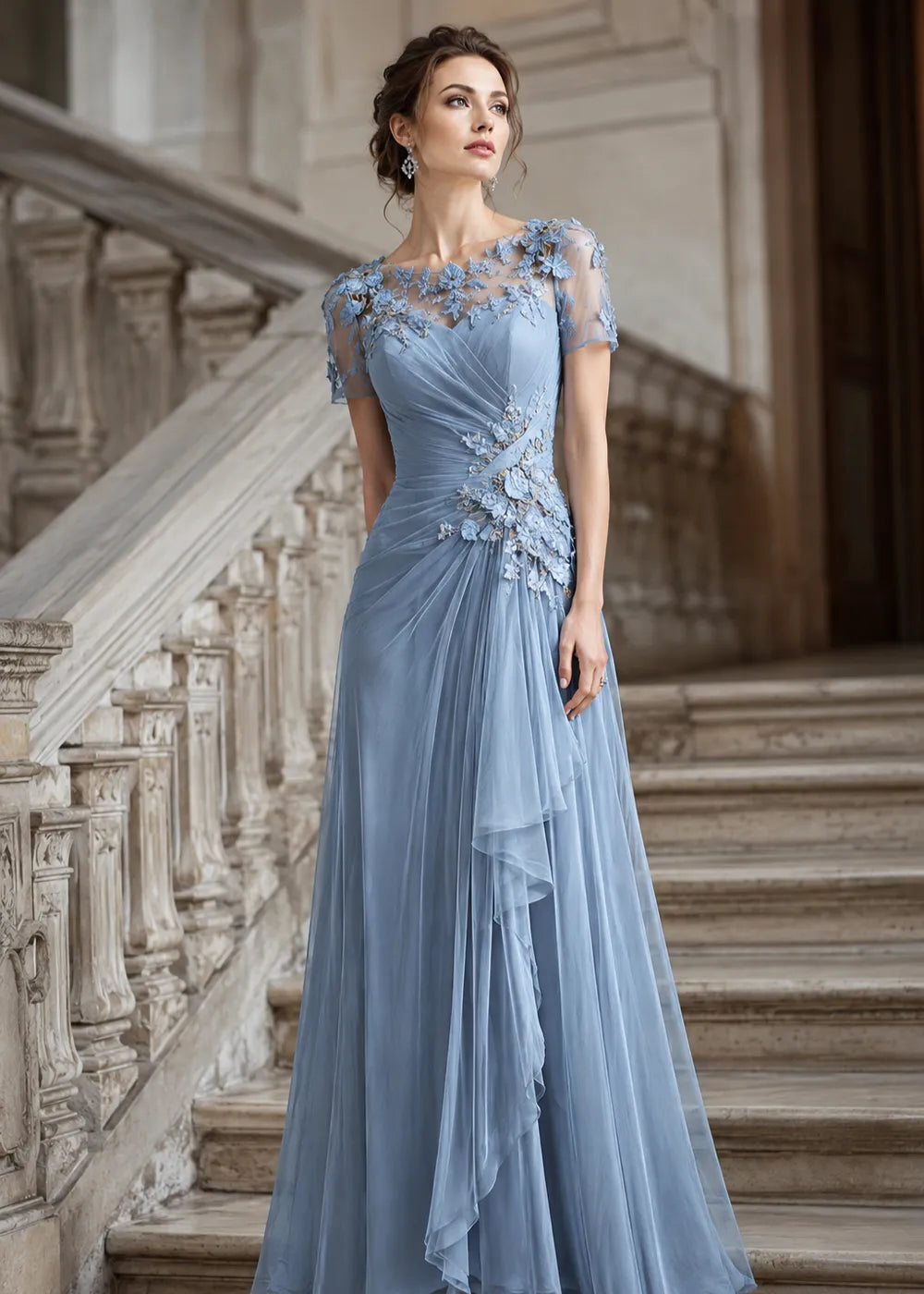 Floral Appliqué Illusion-Neck Formal Gown