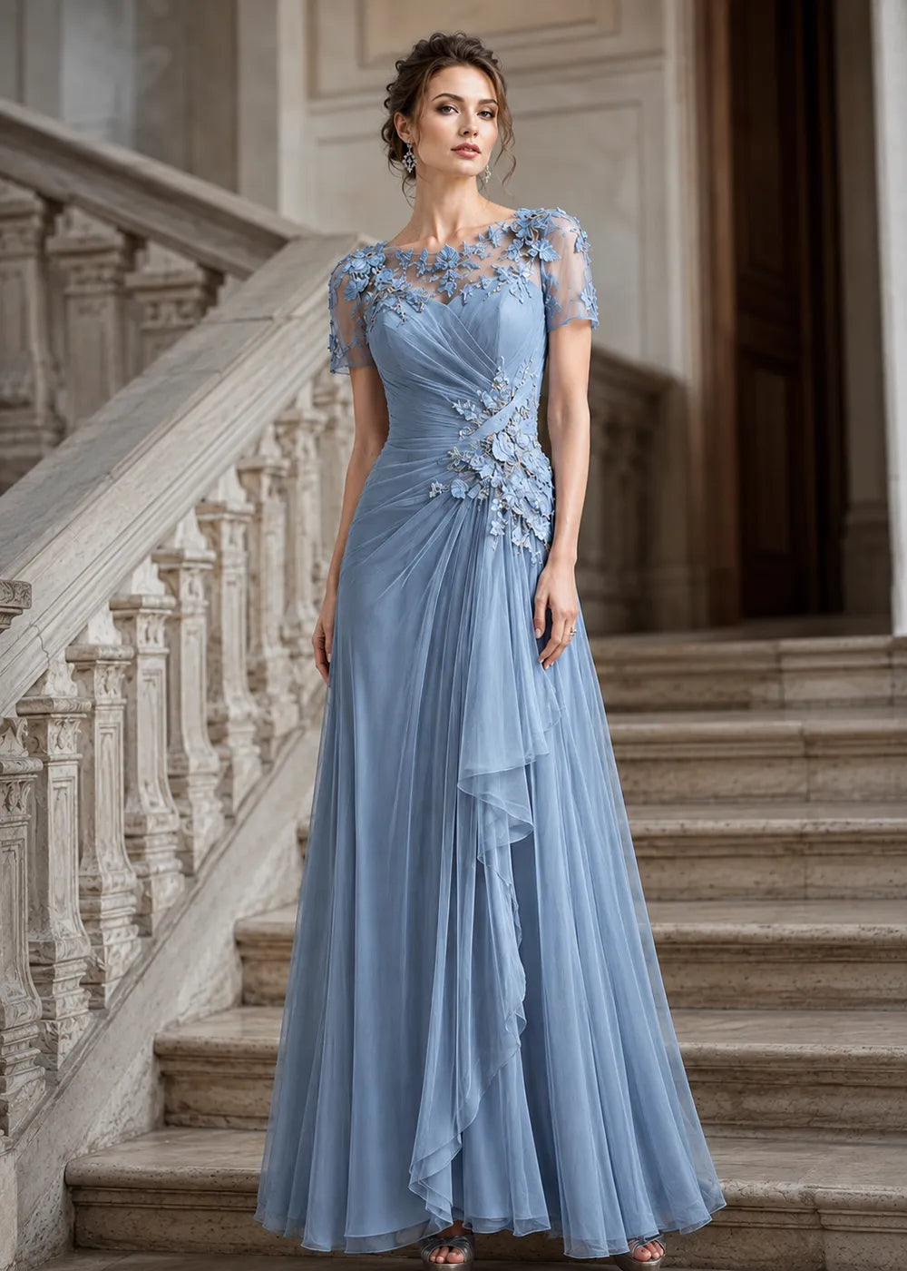 Floral Appliqué Illusion-Neck Formal Gown