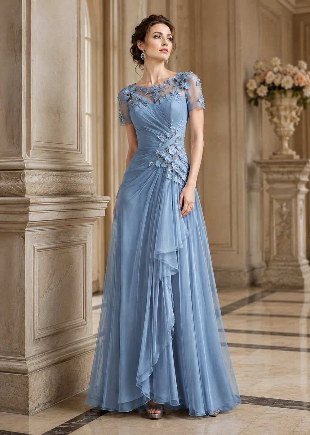 Floral Appliqué Illusion-Neck Formal Gown