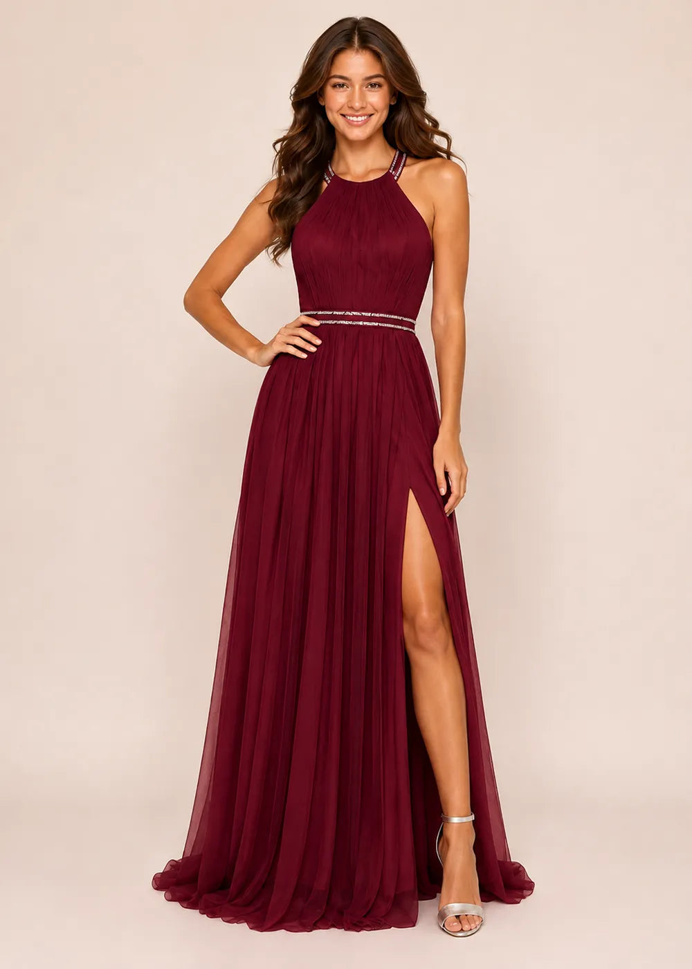 Beaded Waist Cross Back Prom Gown