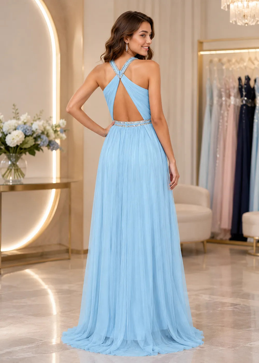 Beaded Waist Cross Back Prom Gown