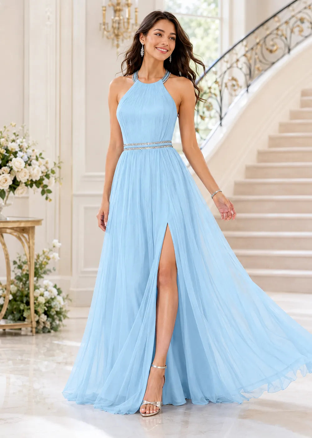 Beaded Waist Cross Back Prom Gown