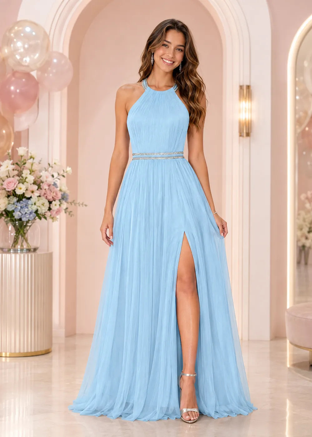 Beaded Waist Cross Back Prom Gown
