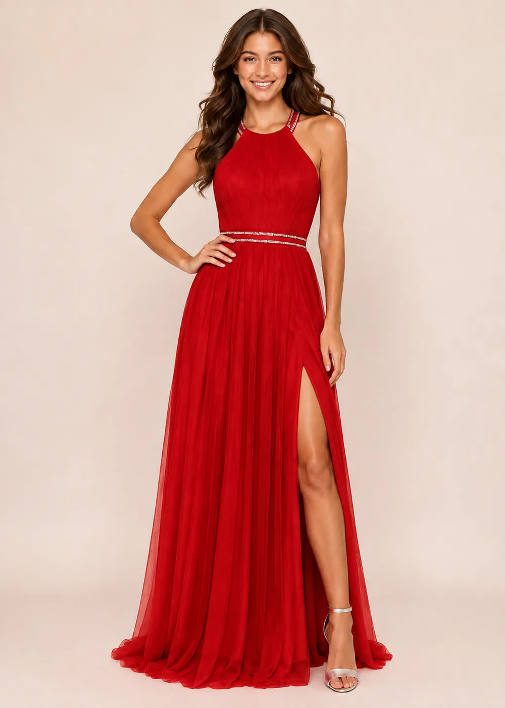 Beaded Waist Cross Back Prom Gown