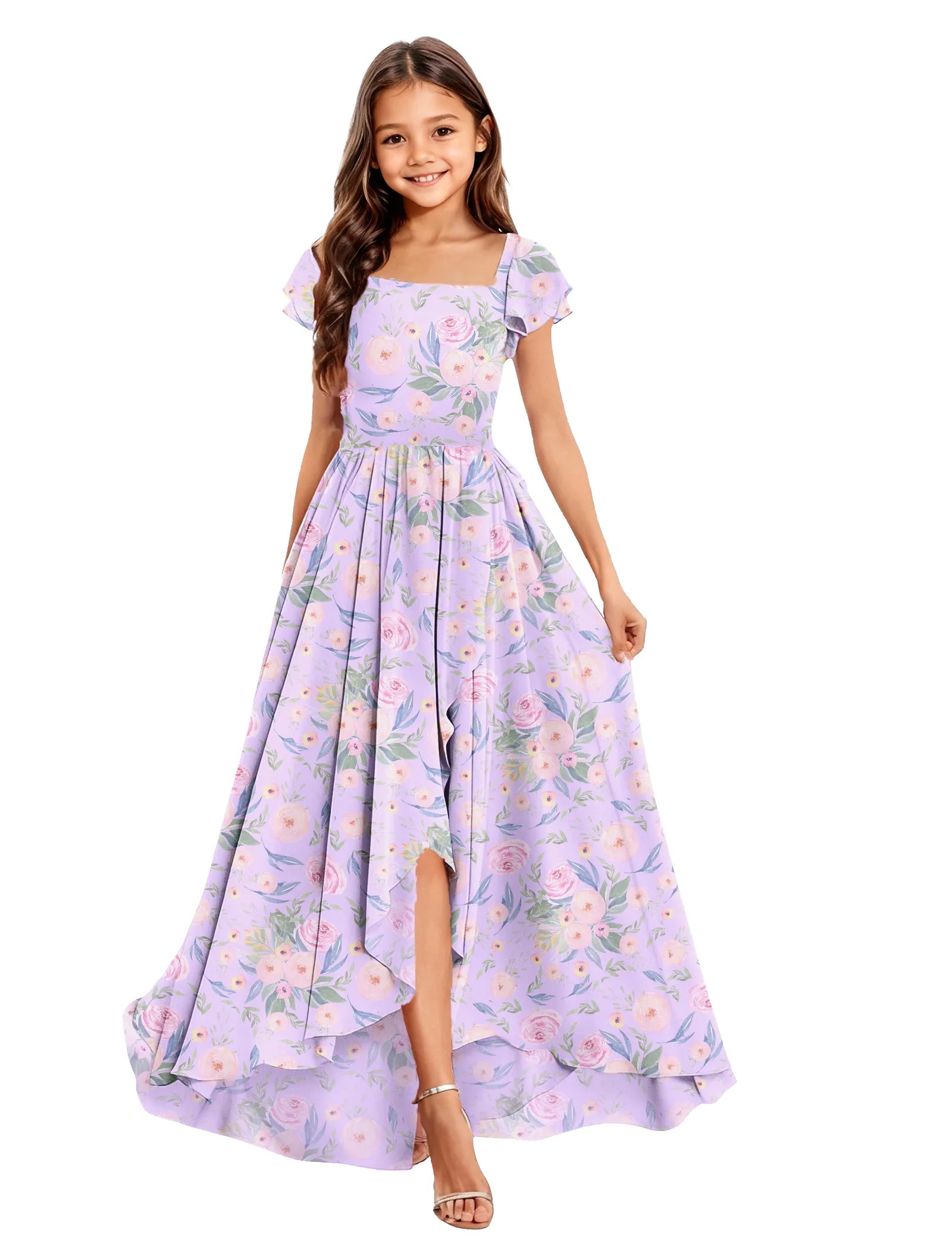 Girls Floral High-Low Maxi Dress with Cap Sleeves