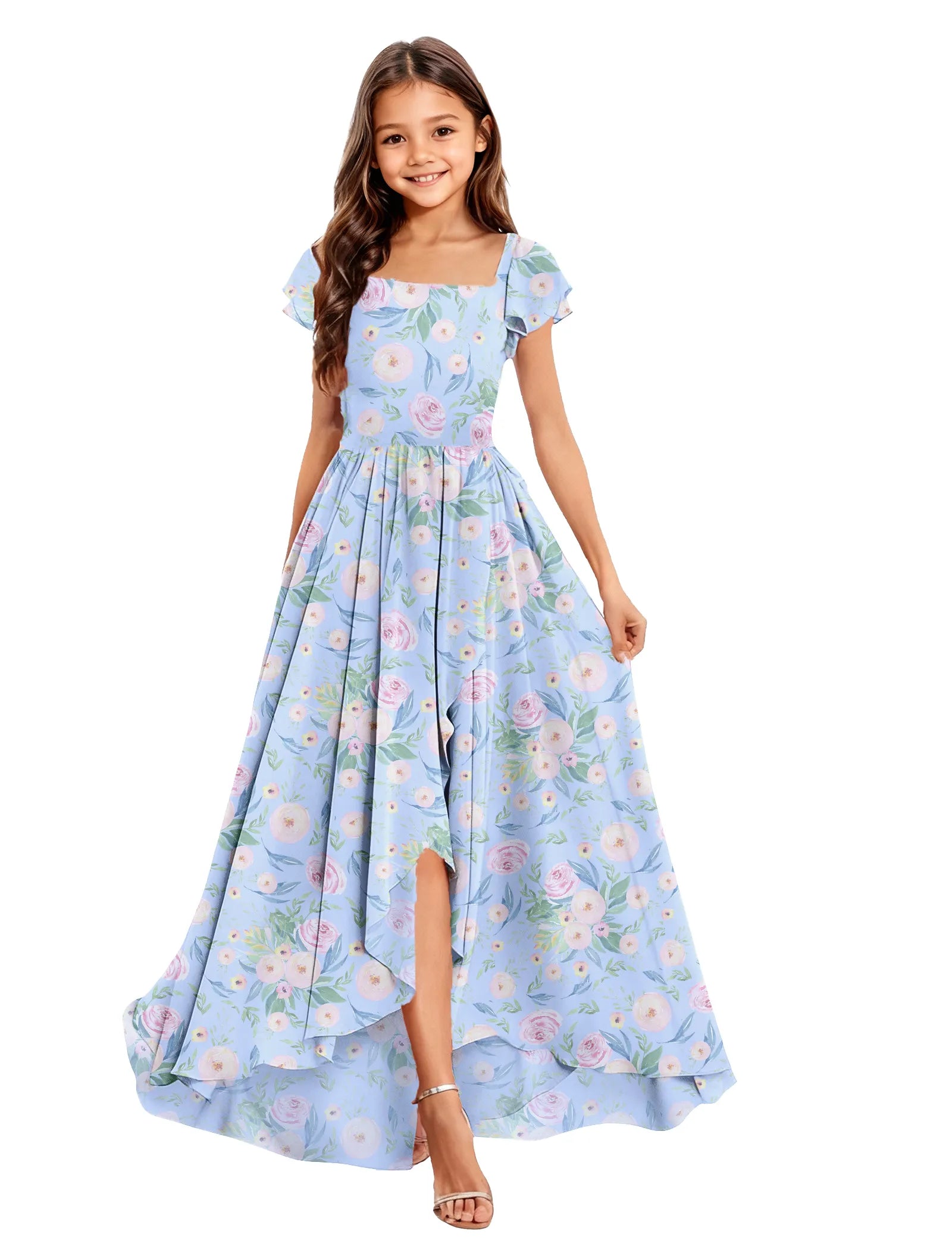 Girls Floral High-Low Maxi Dress with Cap Sleeves