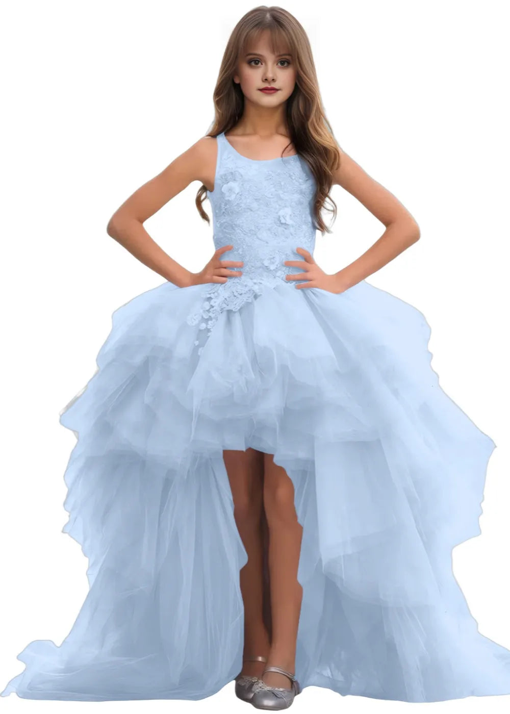 High-Low Layered Tulle Gown for Girls