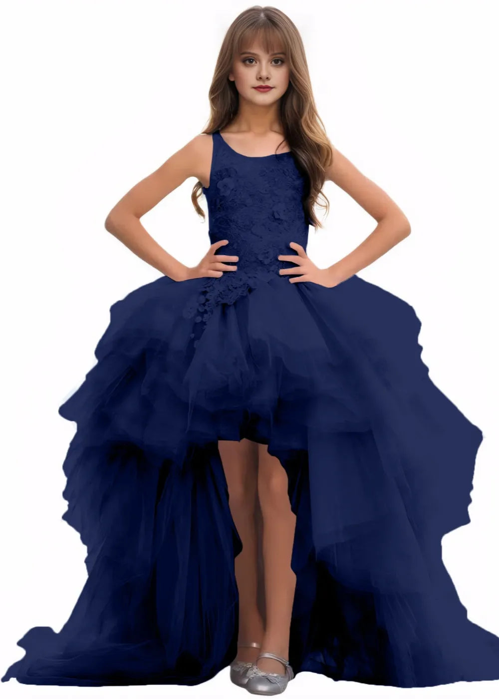 High-Low Layered Tulle Gown for Girls