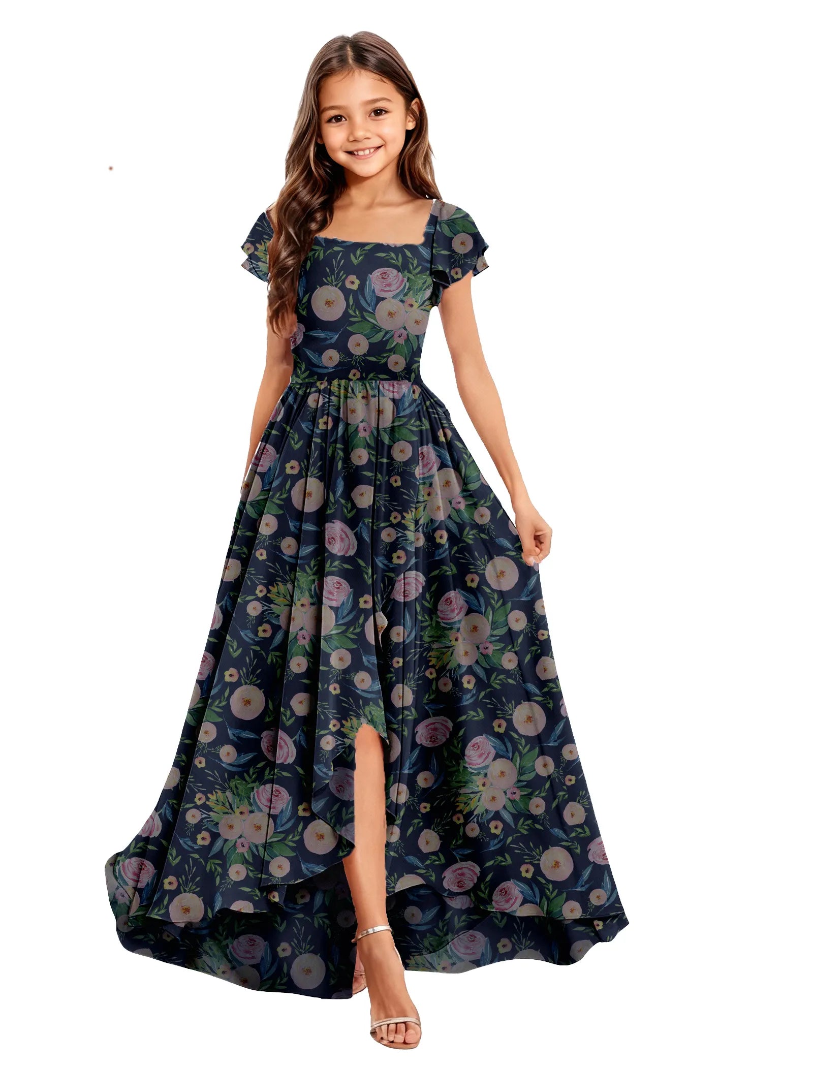 Girls Floral High-Low Maxi Dress with Cap Sleeves