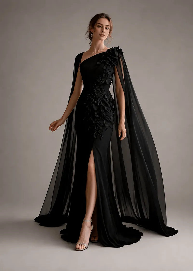 Floral Appliqué One-Shoulder Cape Formal Gown