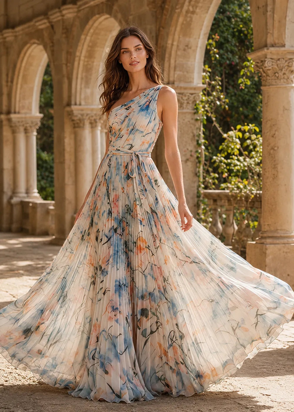 Painterly Floral One-Shoulder Pleated Gown