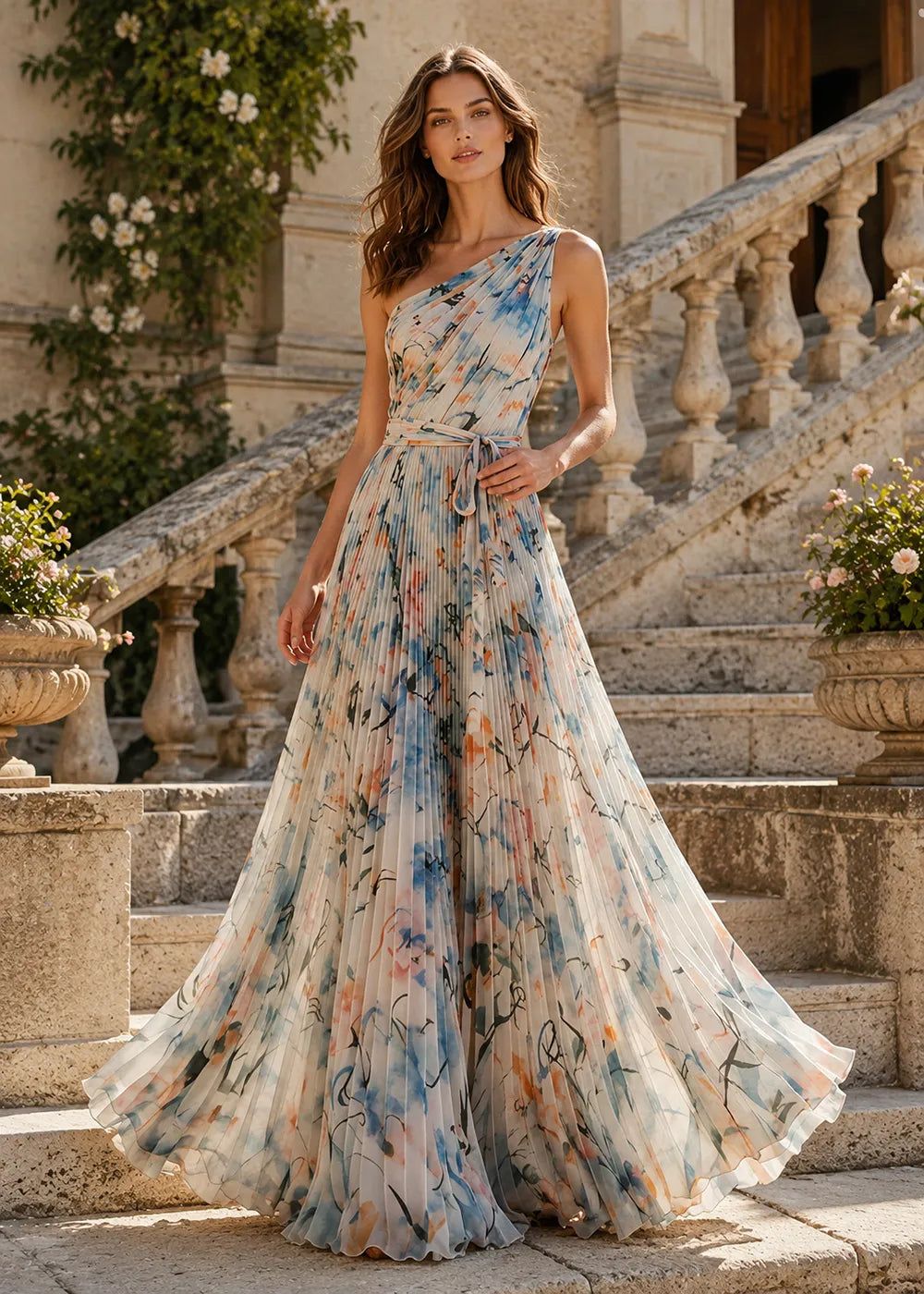 Painterly Floral One-Shoulder Pleated Gown