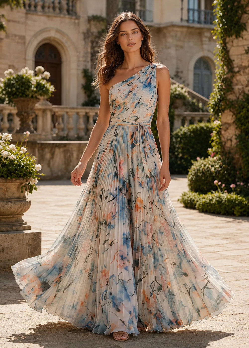 Painterly Floral One-Shoulder Pleated Gown