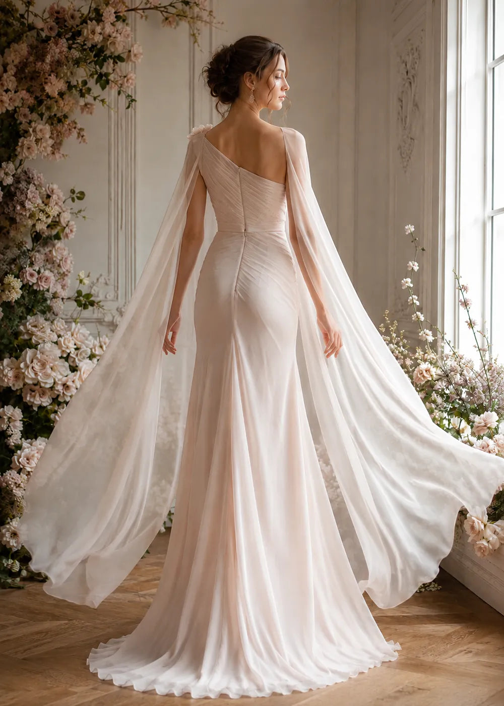 Floral Appliqué One-Shoulder Cape Formal Gown