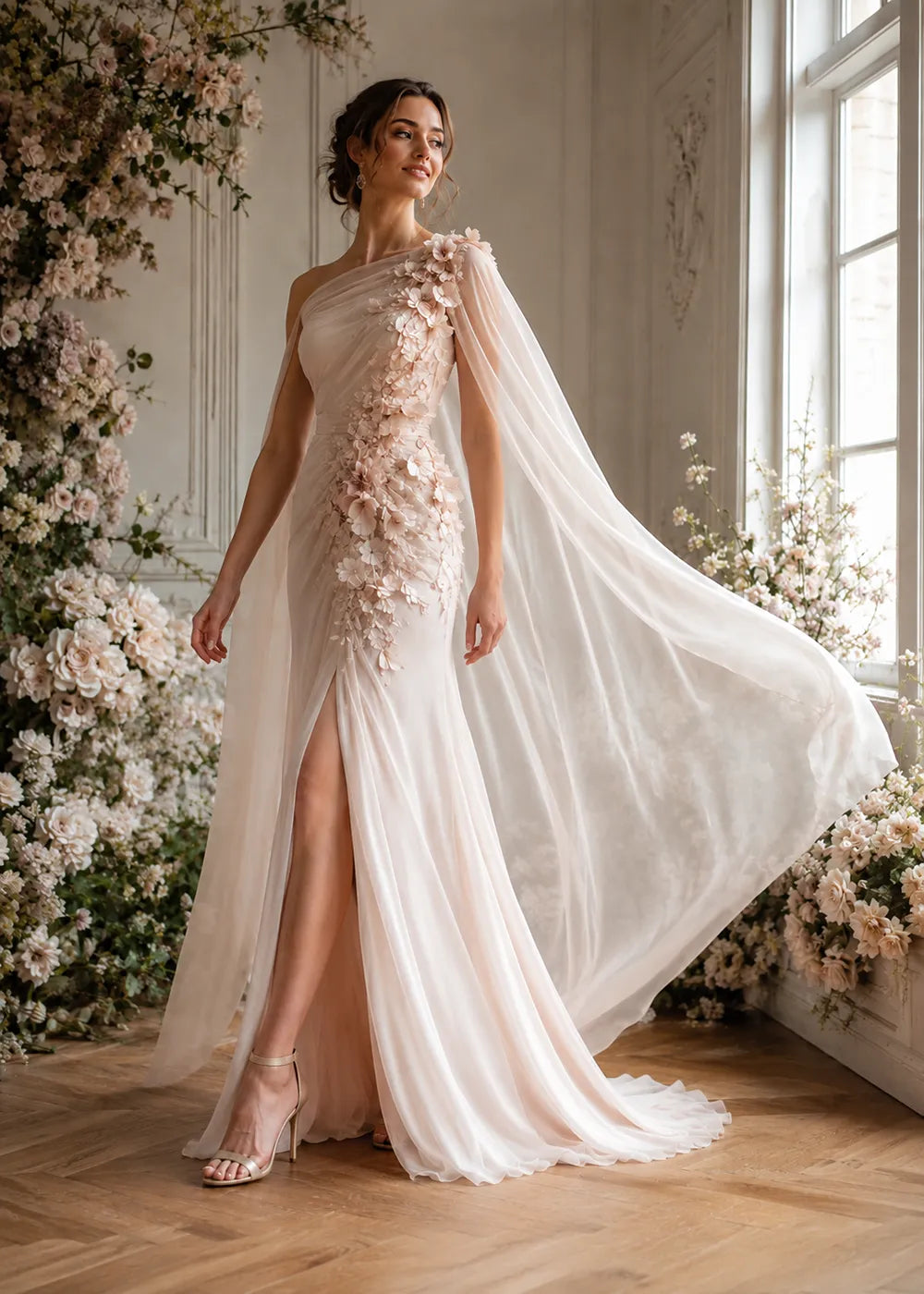 Floral Appliqué One-Shoulder Cape Formal Gown