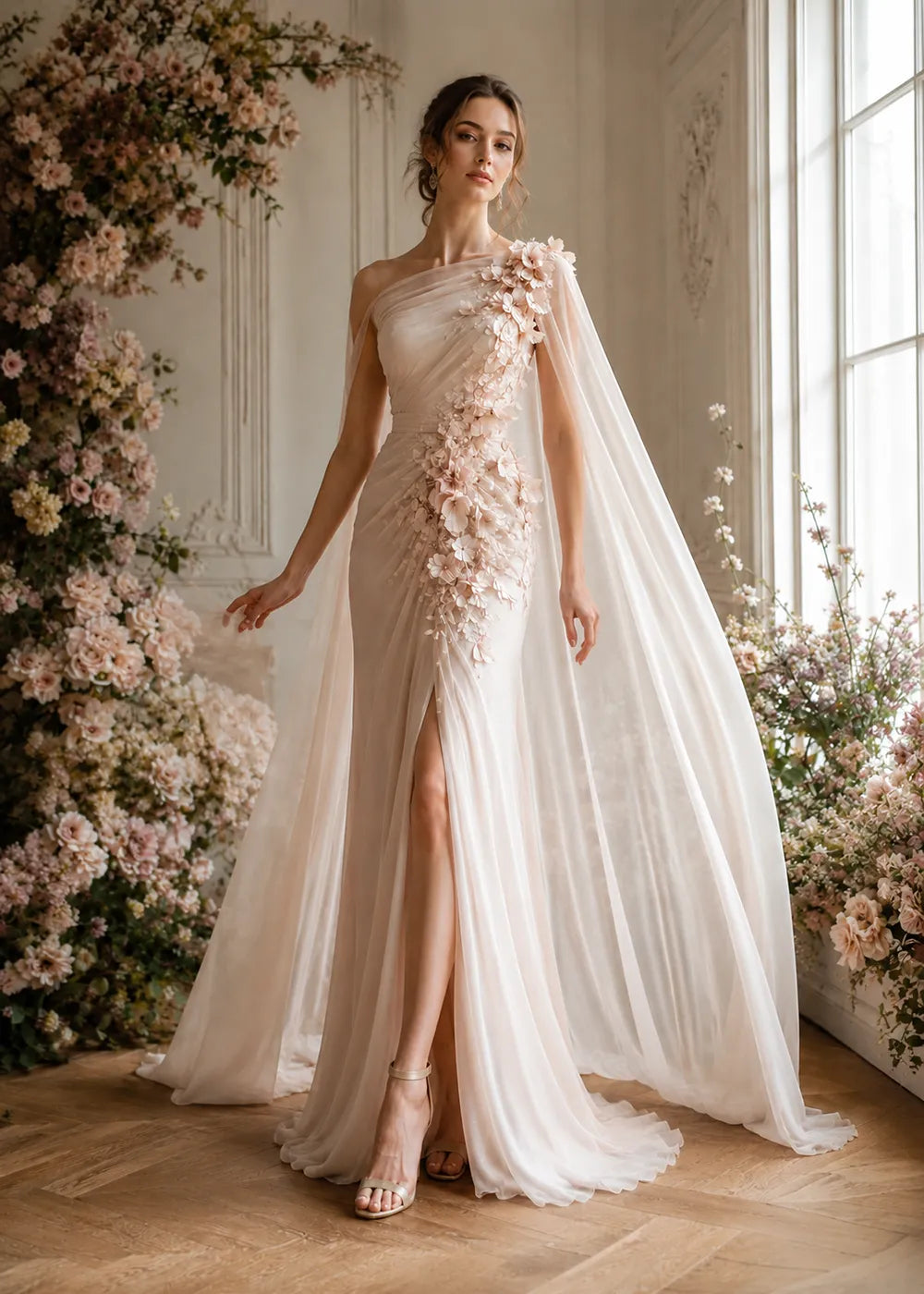Floral Appliqué One-Shoulder Cape Formal Gown