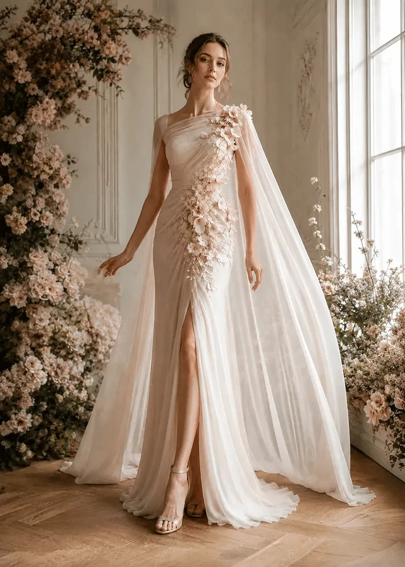 Floral Appliqué One-Shoulder Cape Formal Gown