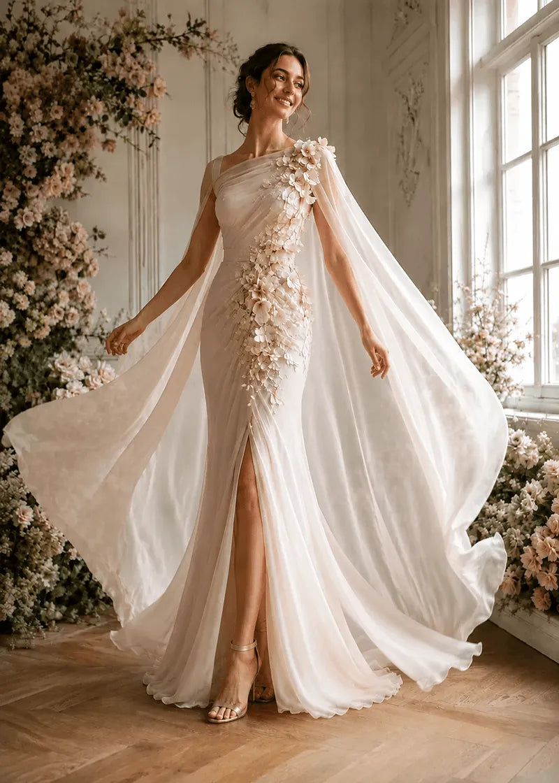 Floral Appliqué One-Shoulder Cape Formal Gown