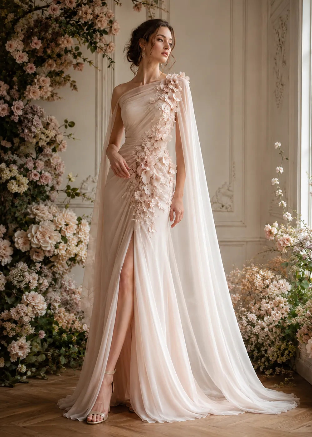 Floral Appliqué One-Shoulder Cape Formal Gown