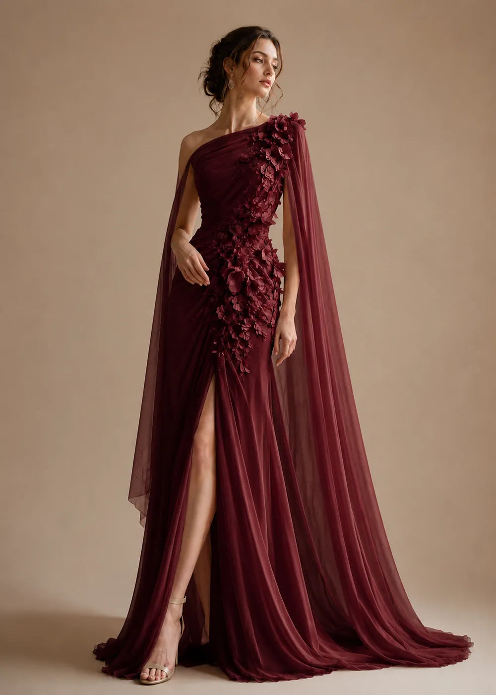 Floral Appliqué One-Shoulder Cape Formal Gown