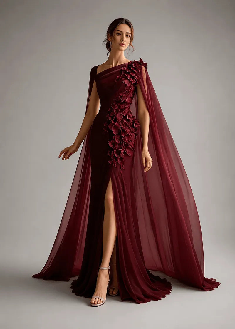 Floral Appliqué One-Shoulder Cape Formal Gown