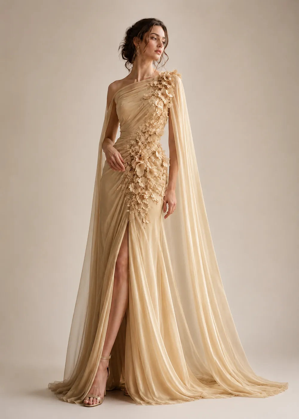 Floral Appliqué One-Shoulder Cape Formal Gown