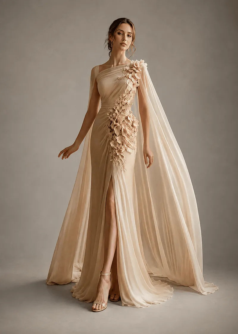 Floral Appliqué One-Shoulder Cape Formal Gown