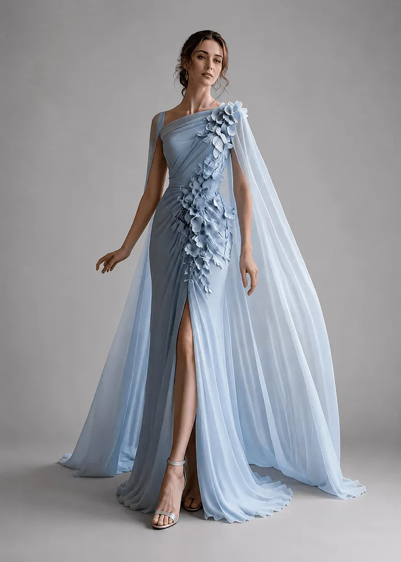 Floral Appliqué One-Shoulder Cape Formal Gown