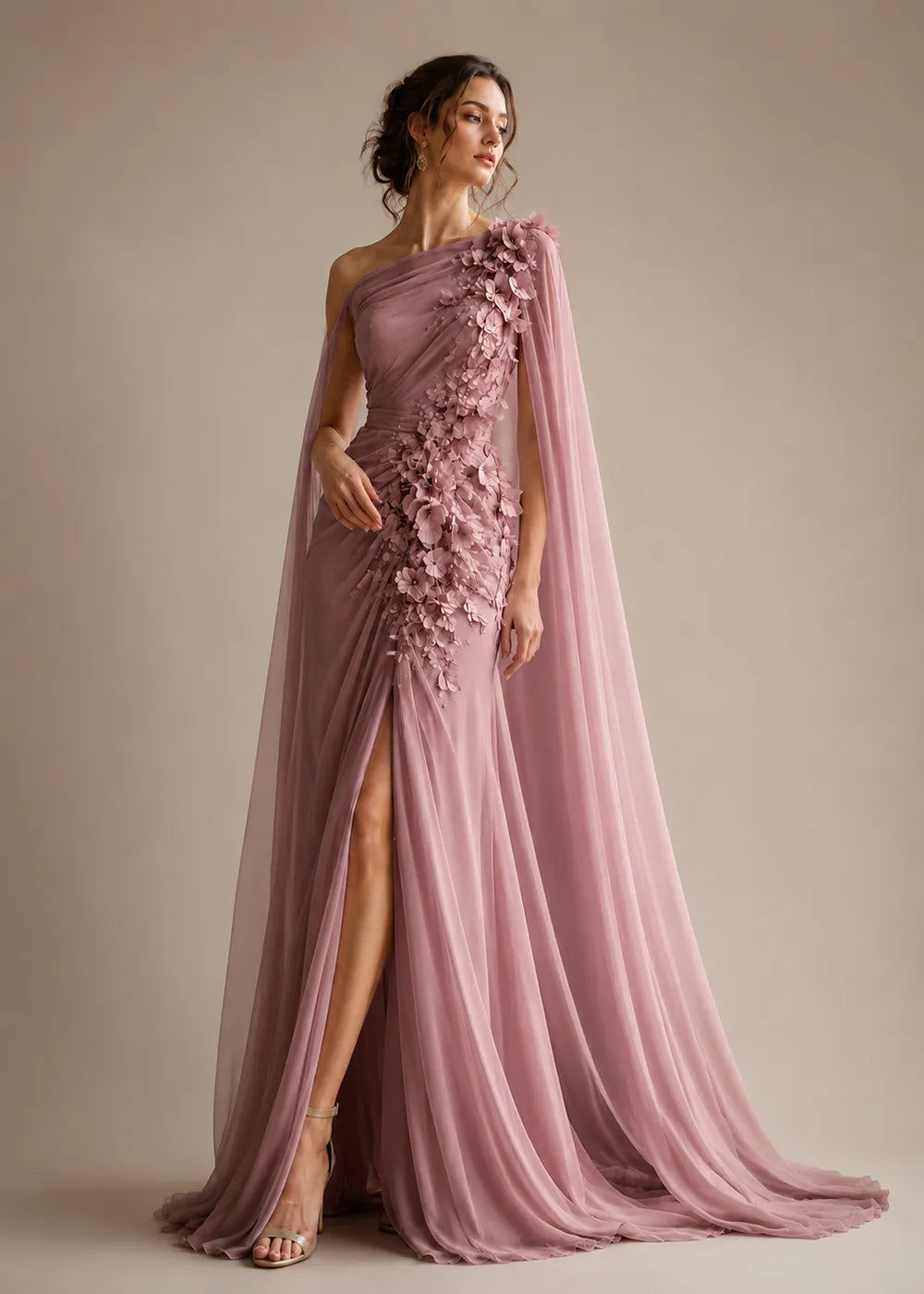 Floral Appliqué One-Shoulder Cape Formal Gown