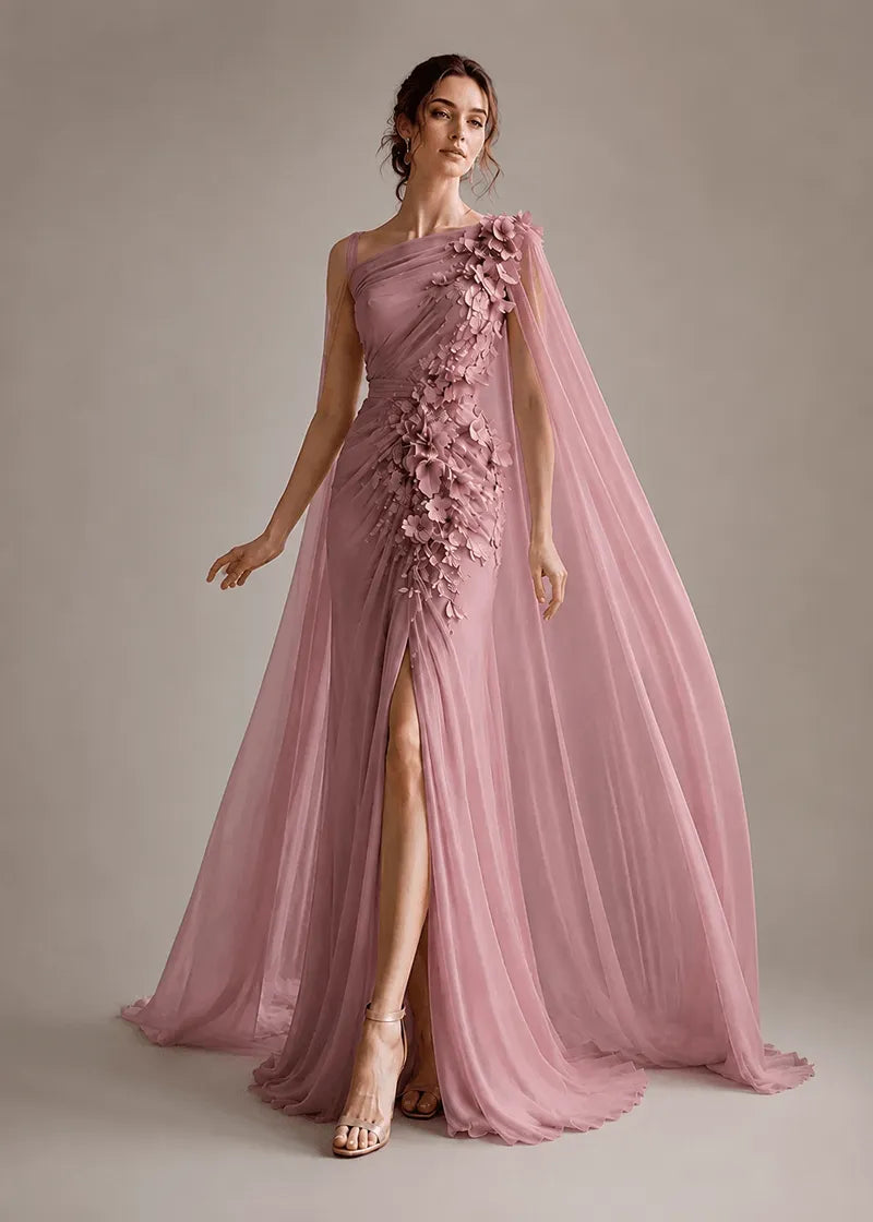Floral Appliqué One-Shoulder Cape Formal Gown