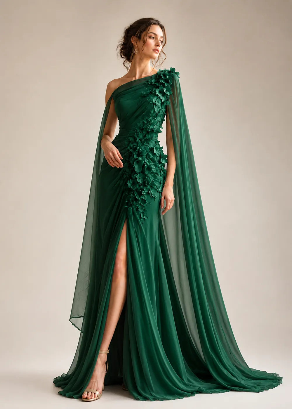 Floral Appliqué One-Shoulder Cape Formal Gown