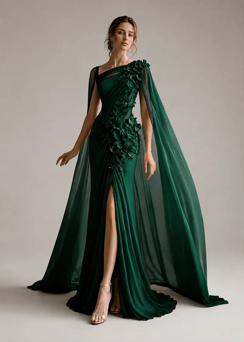 Floral Appliqué One-Shoulder Cape Formal Gown