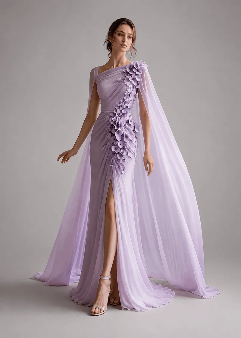 Floral Appliqué One-Shoulder Cape Formal Gown
