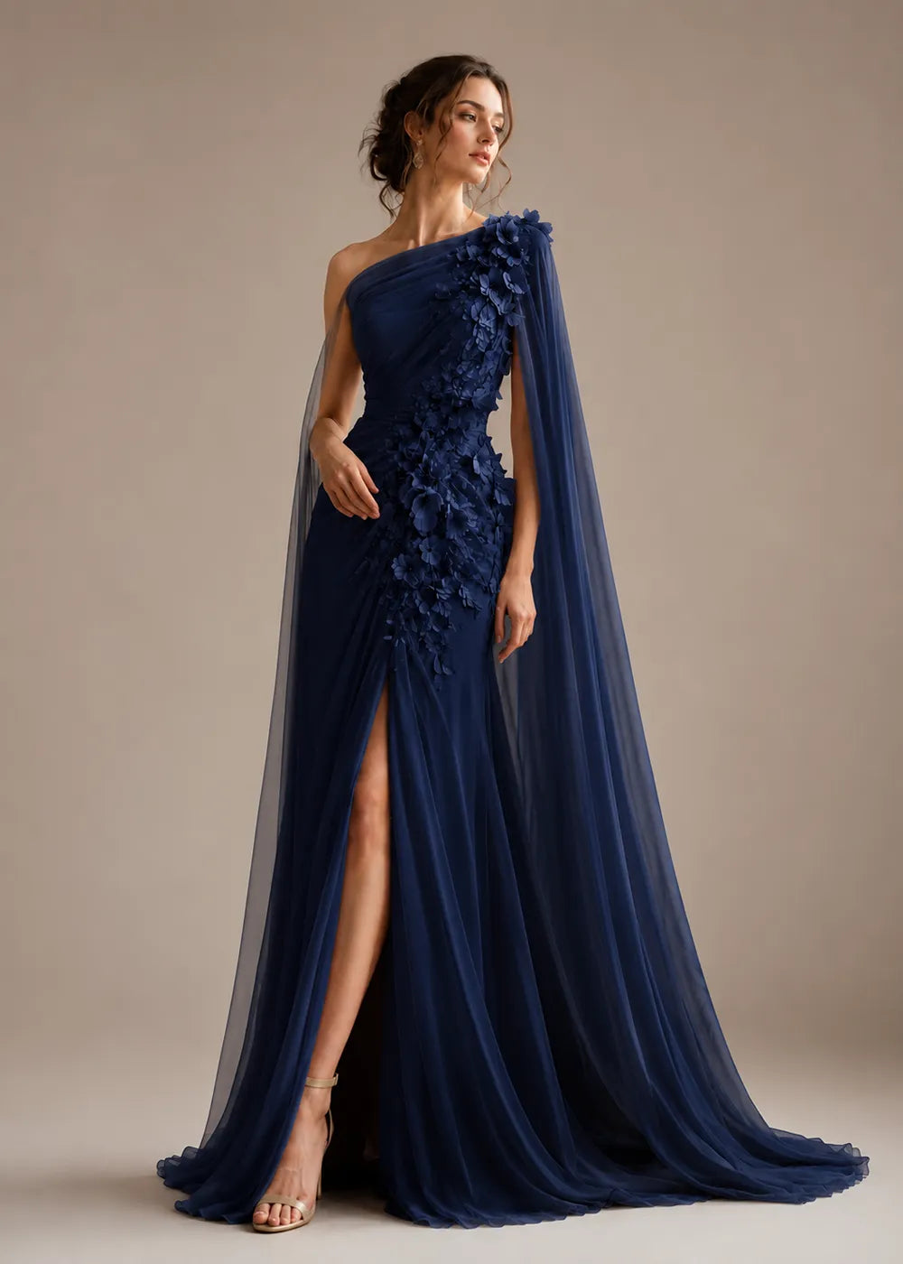 Floral Appliqué One-Shoulder Cape Formal Gown