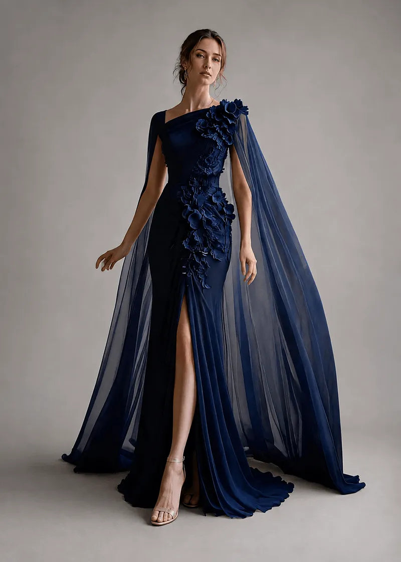 Floral Appliqué One-Shoulder Cape Formal Gown