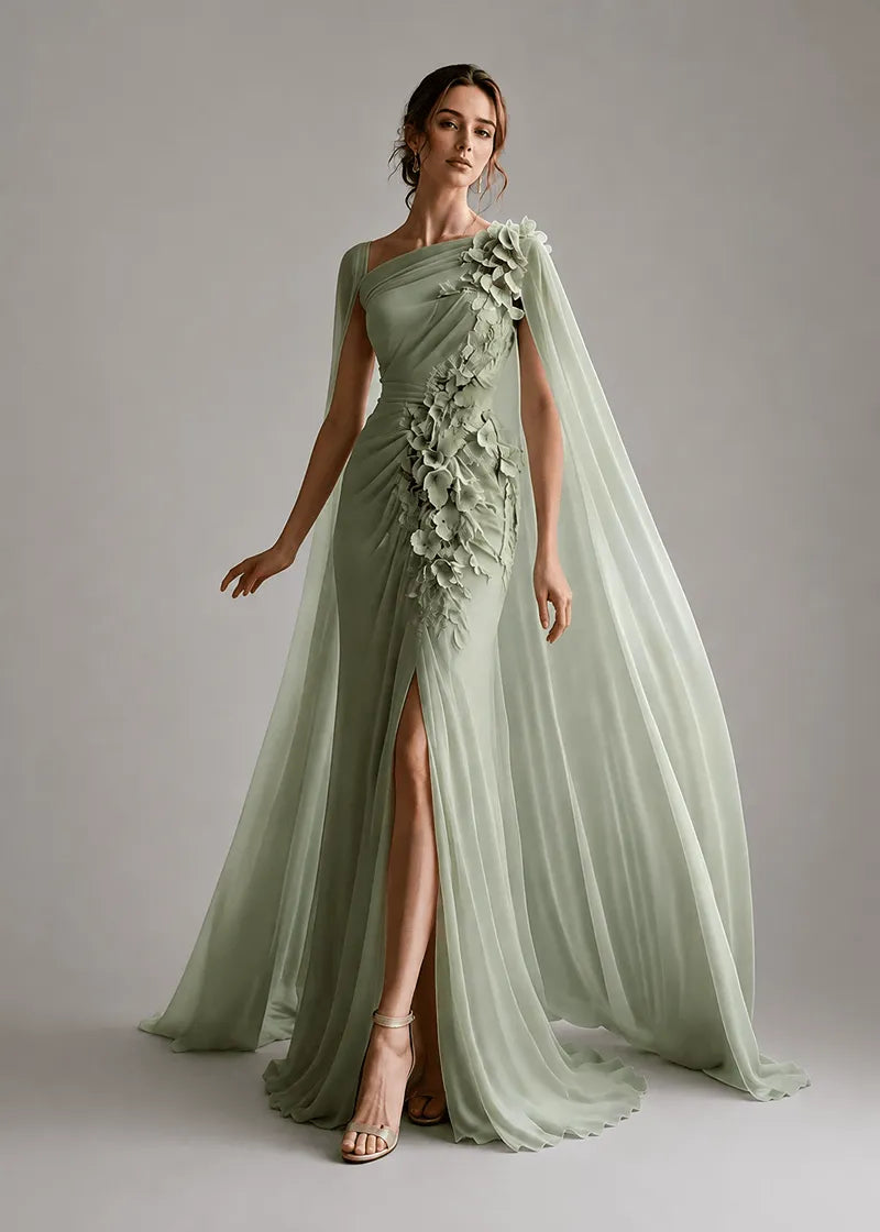 Floral Appliqué One-Shoulder Cape Formal Gown
