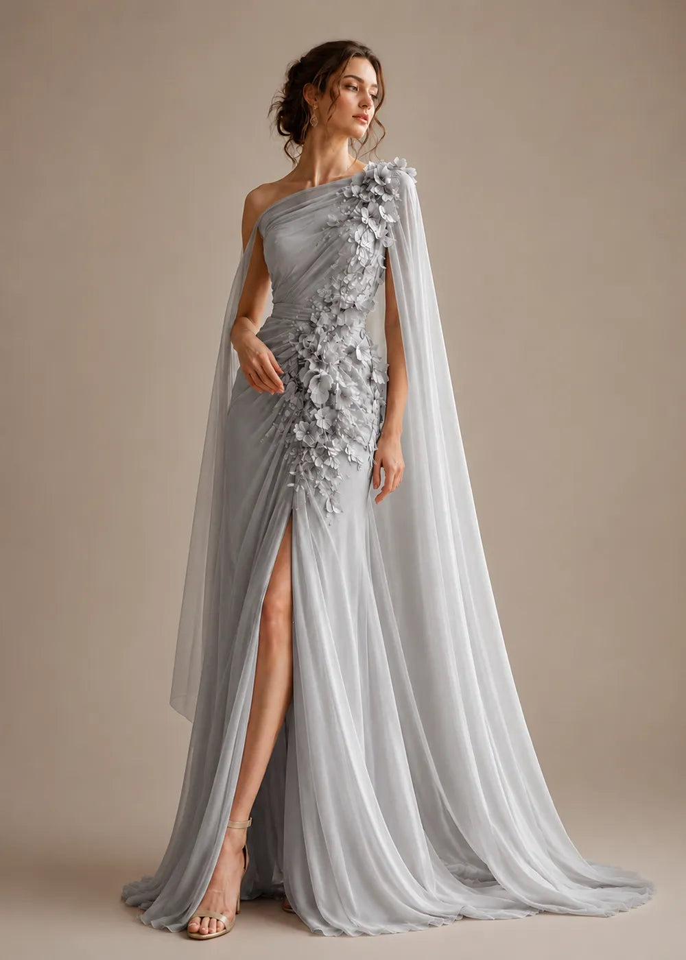Floral Appliqué One-Shoulder Cape Formal Gown