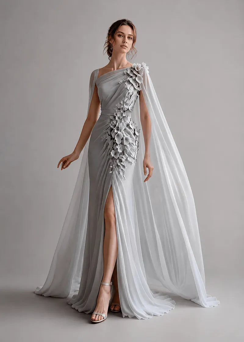 Floral Appliqué One-Shoulder Cape Formal Gown